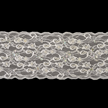 White and Iridescent Floral Beaded and Sequins Lace Trim with Scalloped Edges - 4.375"