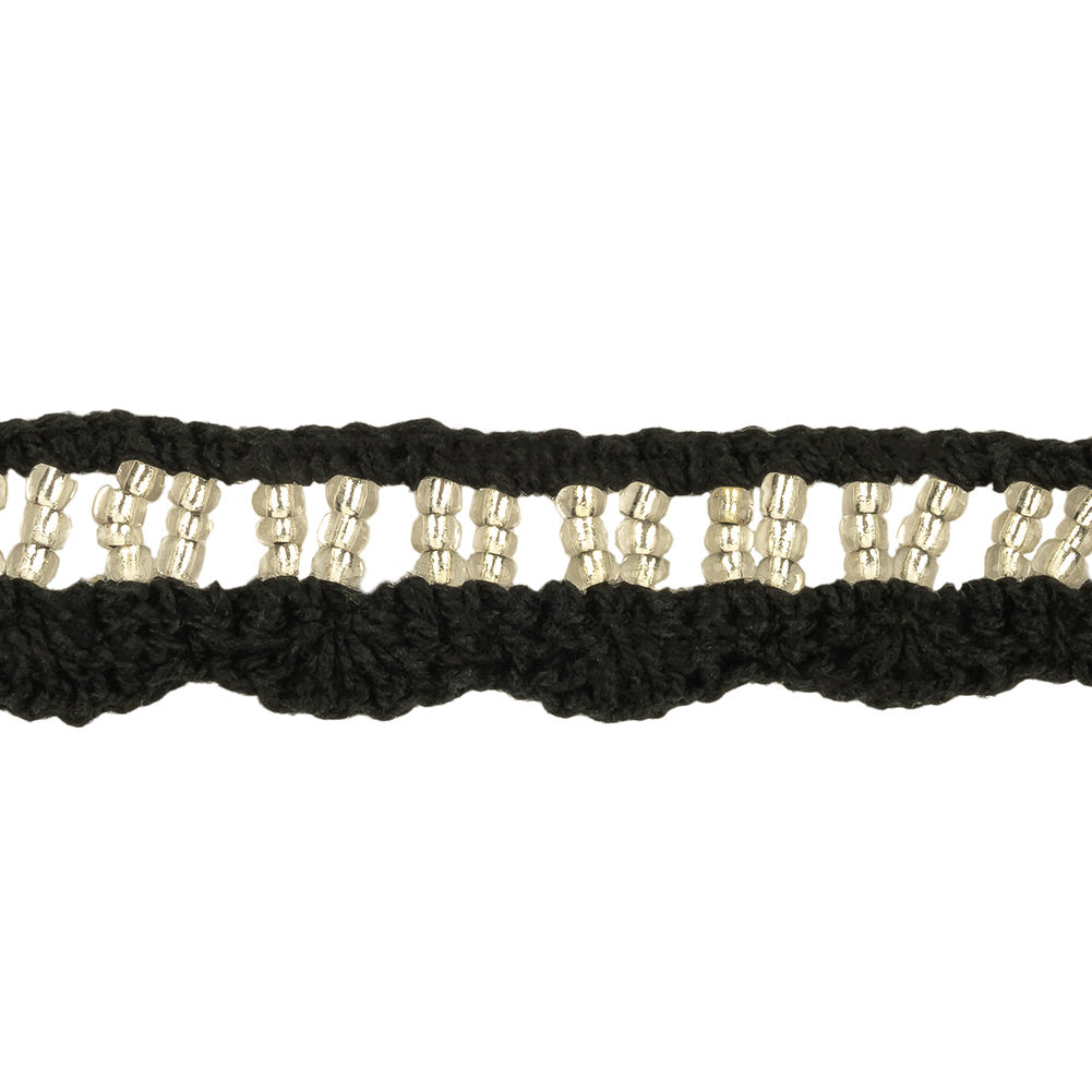 Black and Silver-Lined Beaded Cotton Crochet Lace - 0.75" Detail