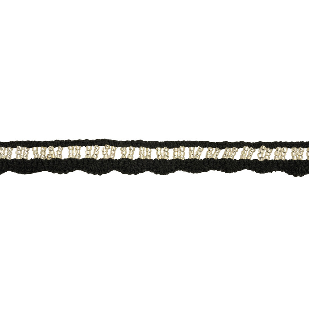 Black and Silver-Lined Beaded Cotton Crochet Lace - 0.75"