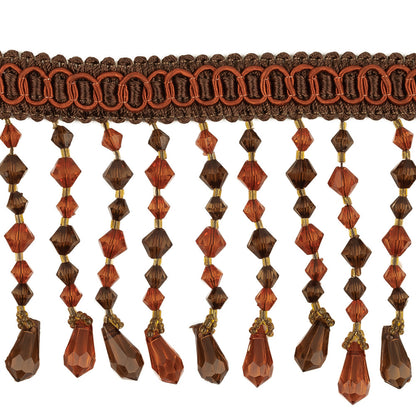 Orange, Amber and Brown Circles Braided Trim with Beaded Fringe - 3.25" Detail