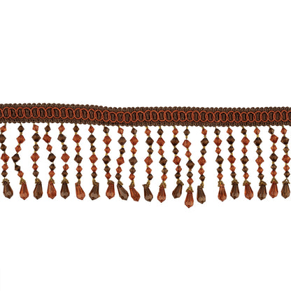 Orange, Amber and Brown Circles Braided Trim with Beaded Fringe - 3.25"