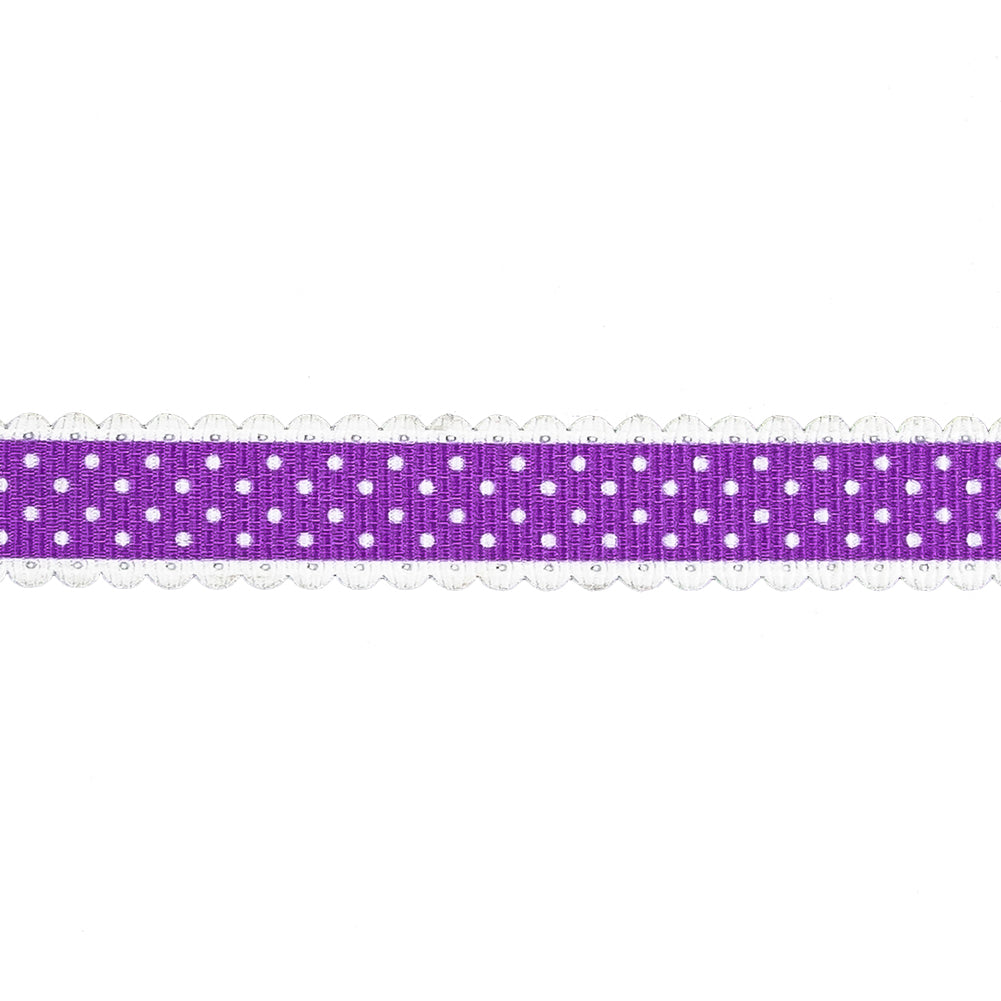 Purple and White Alyssum Scalloped Edge Polka Dot Grosgrain Ribbon - 0.625" Detail