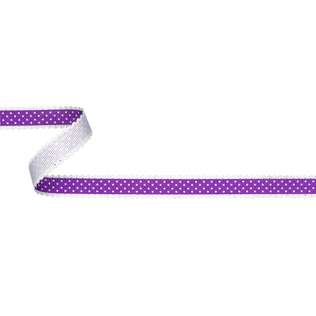Purple and White Alyssum Scalloped Edge Polka Dot Grosgrain Ribbon - 0.625"