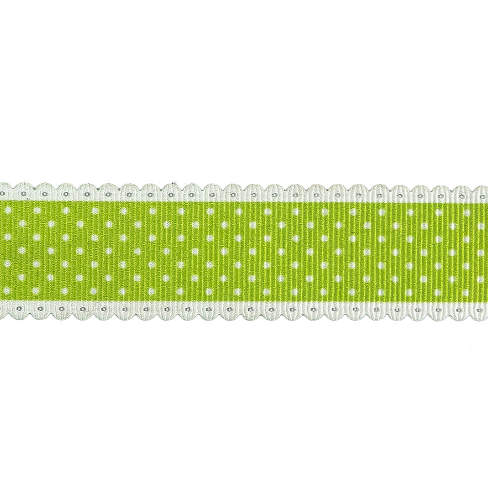 Lime Green and White Alyssum Scalloped Edge Polka Dot Grosgrain Ribbon - 1" Detail