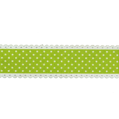 Lime Green and White Alyssum Scalloped Edge Polka Dot Grosgrain Ribbon - 1" Detail