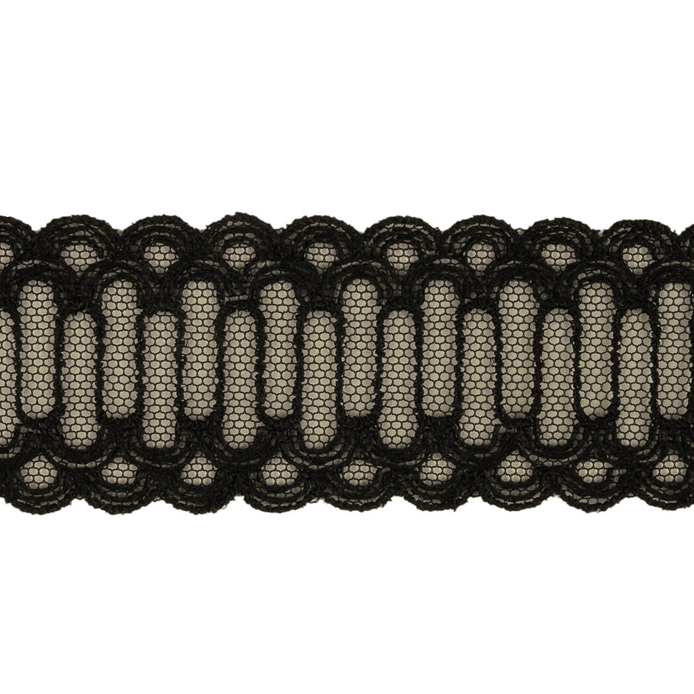 Black Scalloped Abstract Embroidered Lace Trim - 1.375" Detail