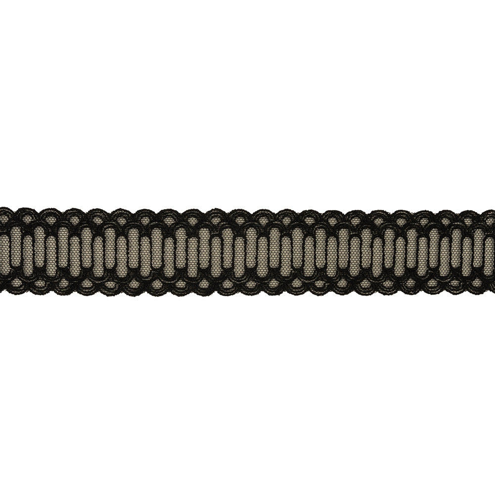 Black Scalloped Abstract Embroidered Lace Trim - 1.375"