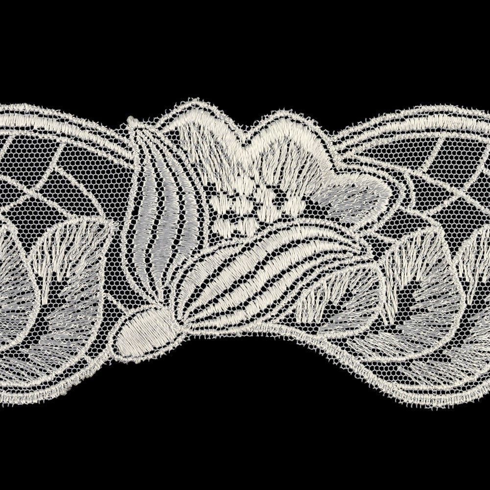 White Luminous Blooming Flowers Embroidered Lace Trim - 2.375" Detail