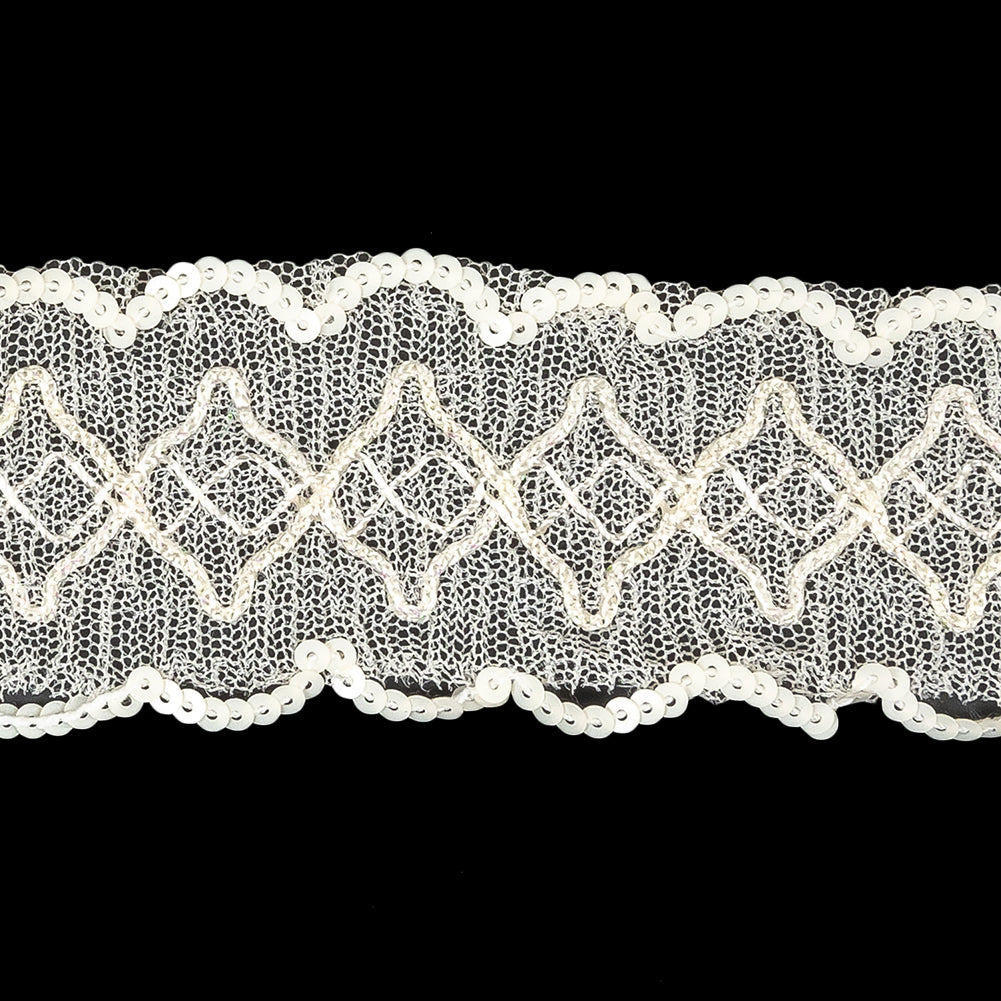 Iridescent Ivory Diamonds Embroidered and Sequined Lace Trim - 1.625" Detail