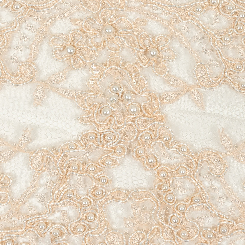 Pale Peach Beaded and Sequined Floral Corded Lace Trim with Eyelash Fringe - 8" Detail