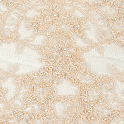 Pale Peach Beaded and Sequined Floral Corded Lace Trim with Eyelash Fringe - 8" Detail