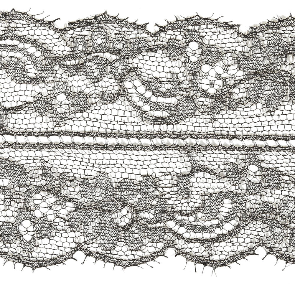 Black and Metallic Silver Floral Chantilly Lace Trim with Eyelash Fringe - 3.25" Detail