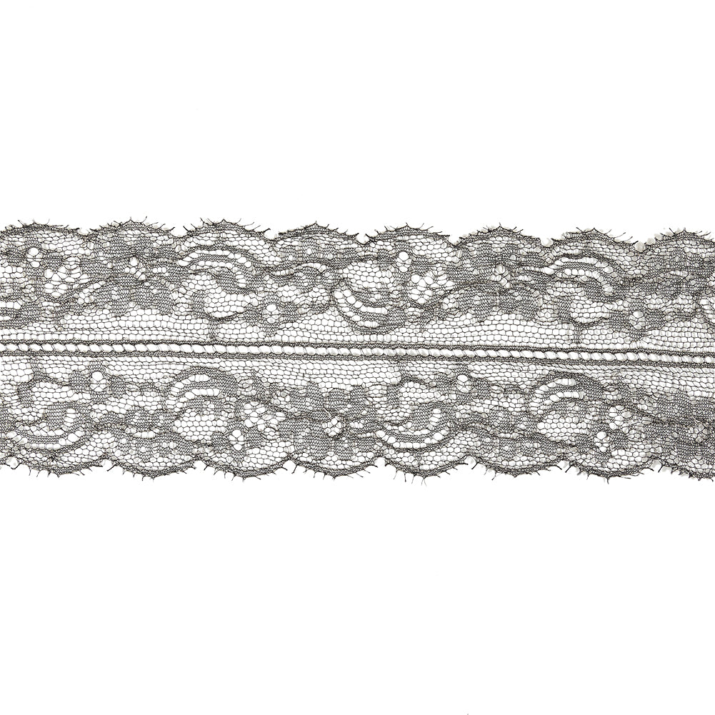 Black and Metallic Silver Floral Chantilly Lace Trim with Eyelash Fringe - 3.25"