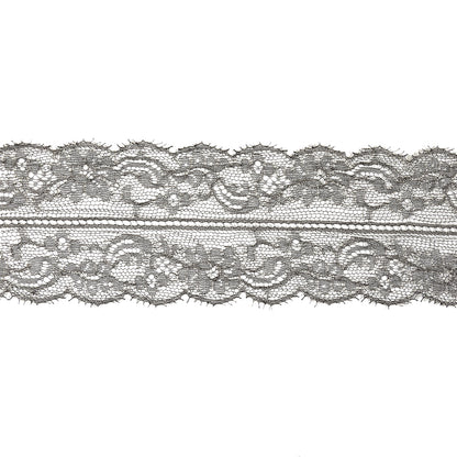 Black and Metallic Silver Floral Chantilly Lace Trim with Eyelash Fringe - 3.25"