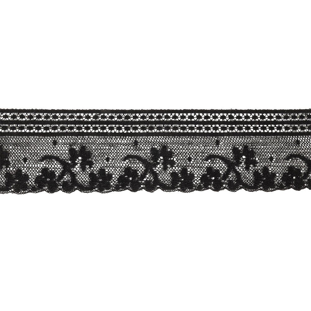 Black Floral and Geometric Cotton Lace Trim - 2.25"