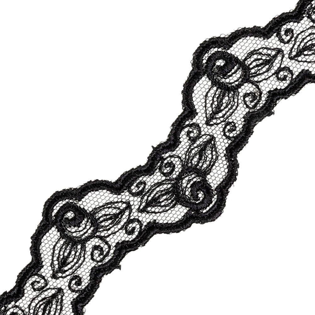 Black Roses Zig Zag Scalloped Embroidered Lace Trim - 1.5" Detail