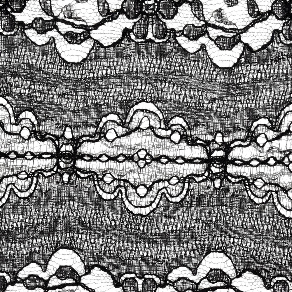 Black Floral and Abstract Re-Embroidered Lace Trim with Scalloped Edges - 5.25" Detail