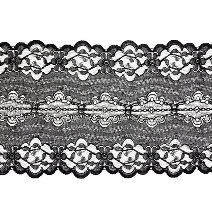 Black Floral and Abstract Re-Embroidered Lace Trim with Scalloped Edges - 5.25"