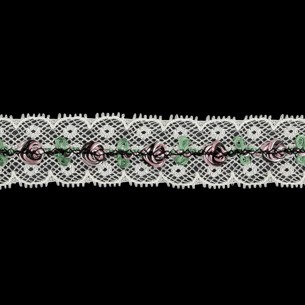 Festival Bloom, Spring Bouquet and Black Embroidered Roses on Whisper White Lace Trim - 0.875" Detail