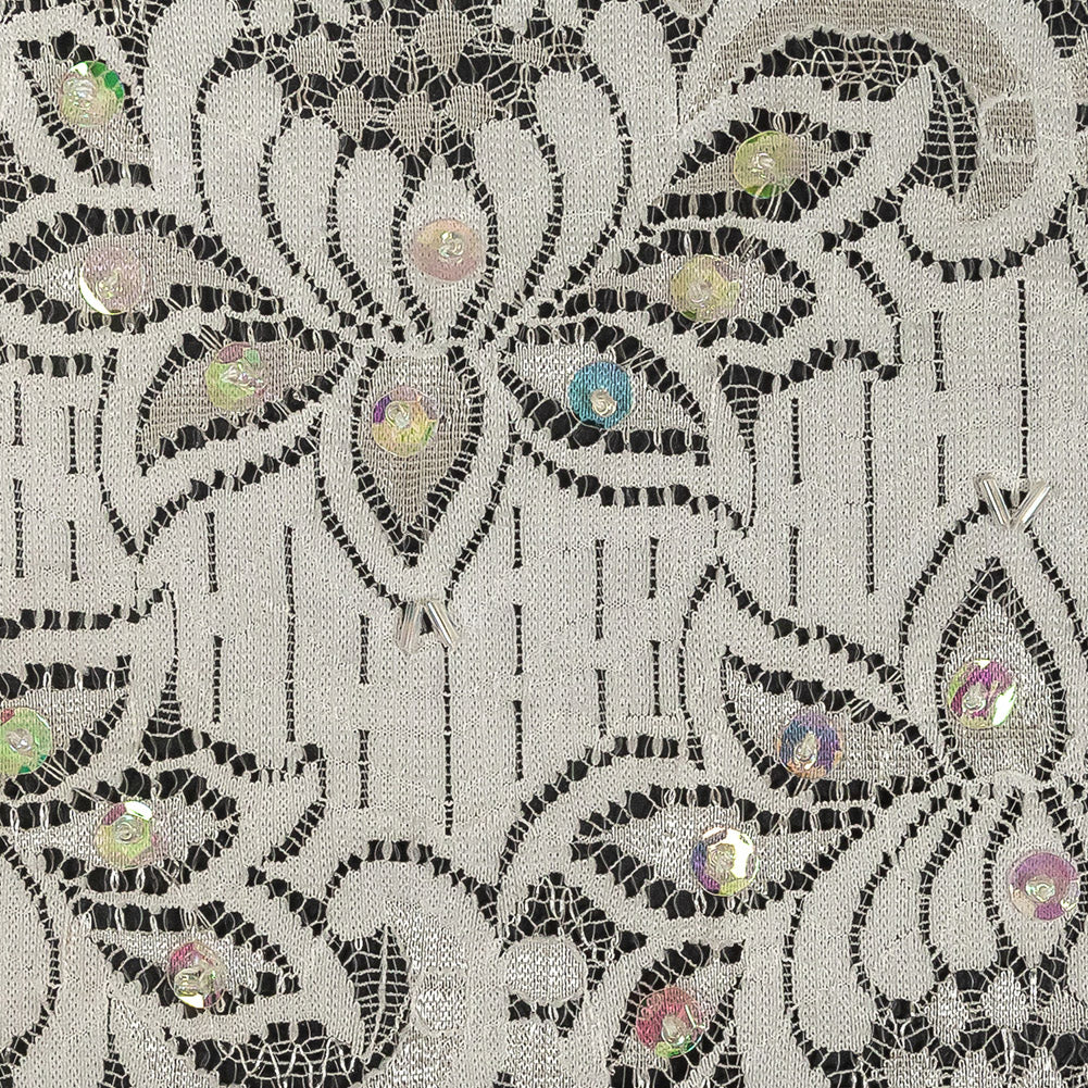 White and Iridescent Beaded and Sequined Floral Stretch Lace Trim - 6" Detail