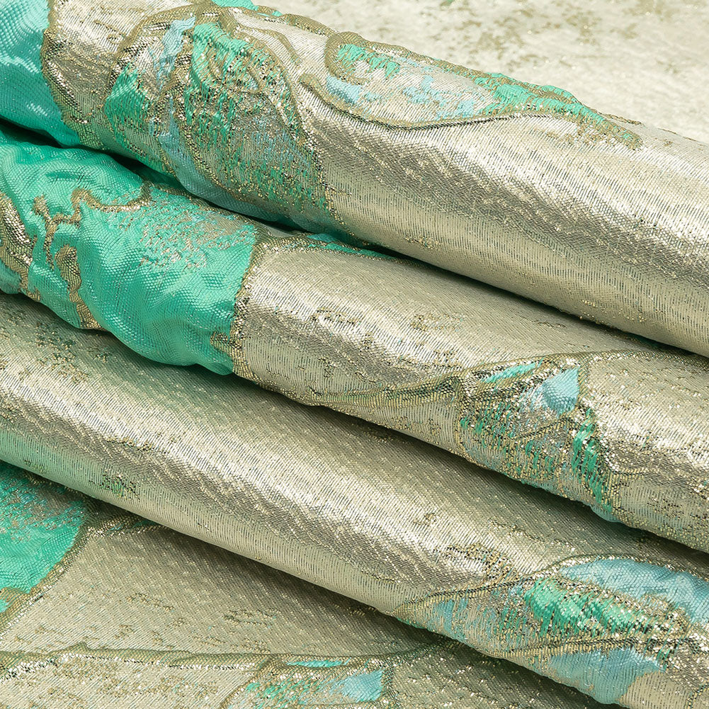 Bright Antigua Sand, Mint and Metallic Silver Roses Luxury Brocade Folded