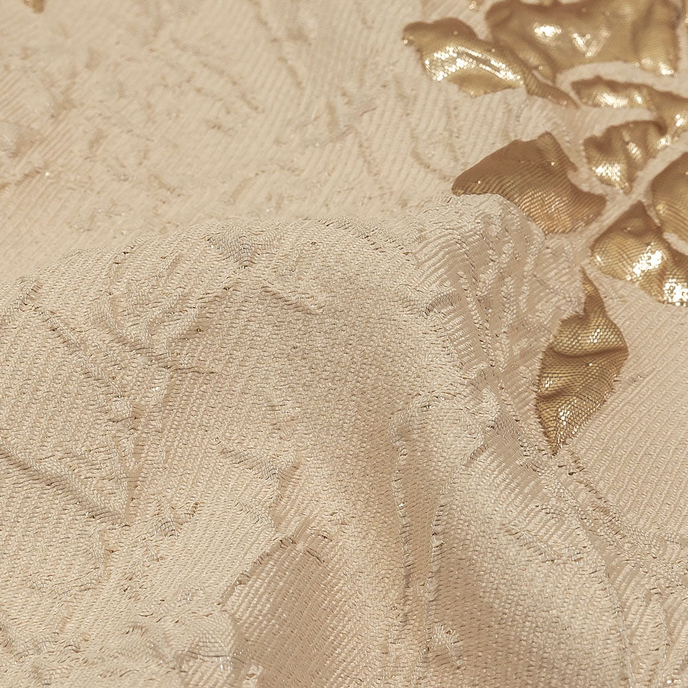 Metallic Gold and Beige Roses and Leaves Luxury Brocade Detail