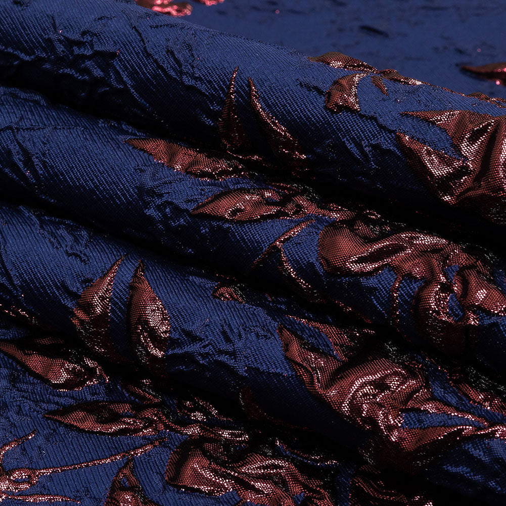 Metallic Aubergine and Blue Depths Roses and Leaves Luxury Brocade Folded