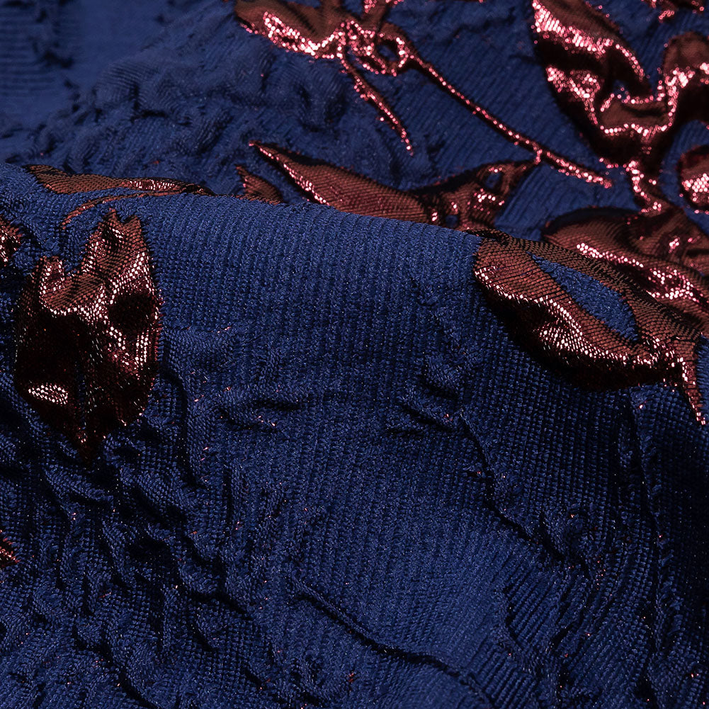 Metallic Aubergine and Blue Depths Roses and Leaves Luxury Brocade Detail