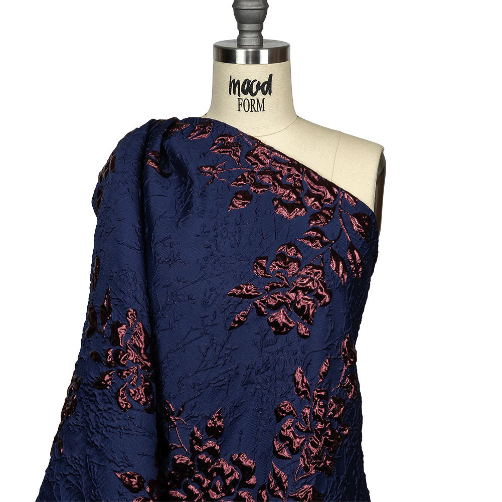 Metallic Aubergine and Blue Depths Roses and Leaves Luxury Brocade Drape