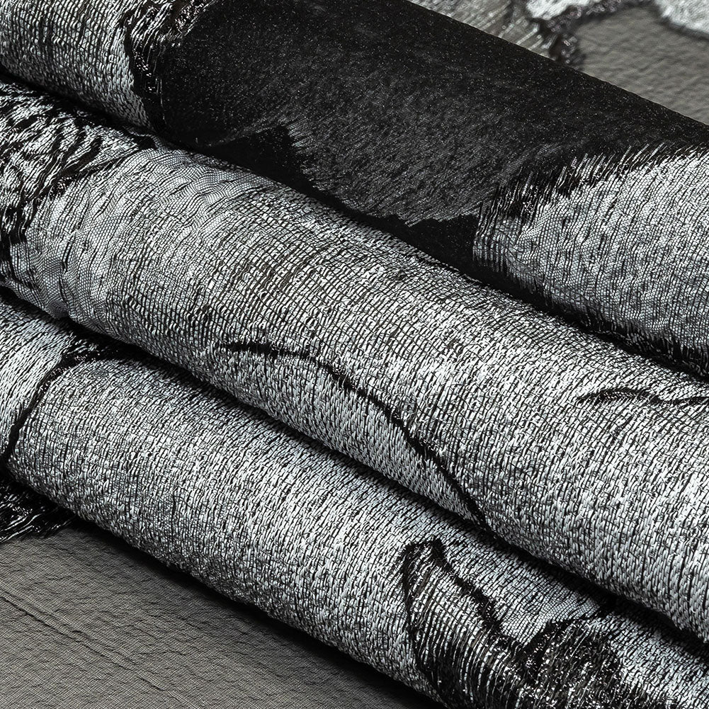 Metallic Black and White Oversized Flowers Luxury Burnout Brocade Folded