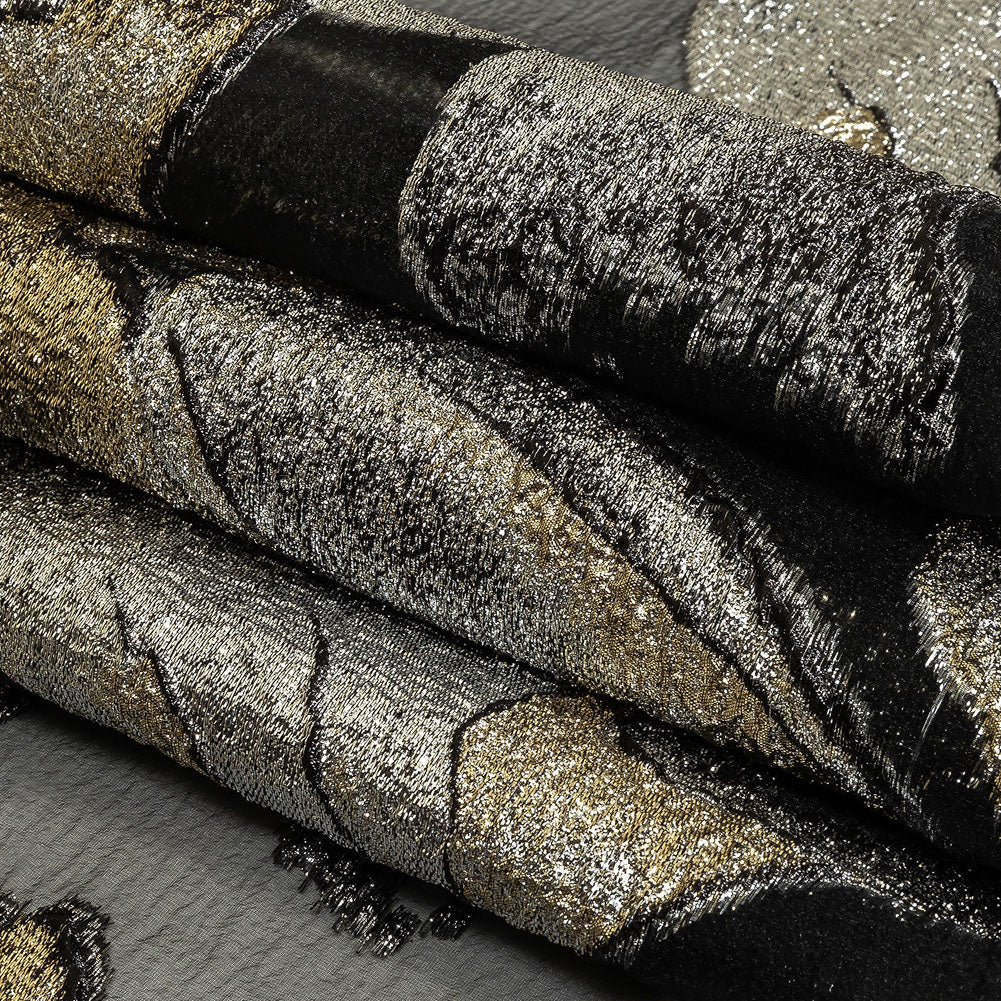 Metallic Silver, Gold and Black Oversized Flowers Luxury Burnout Brocade Folded
