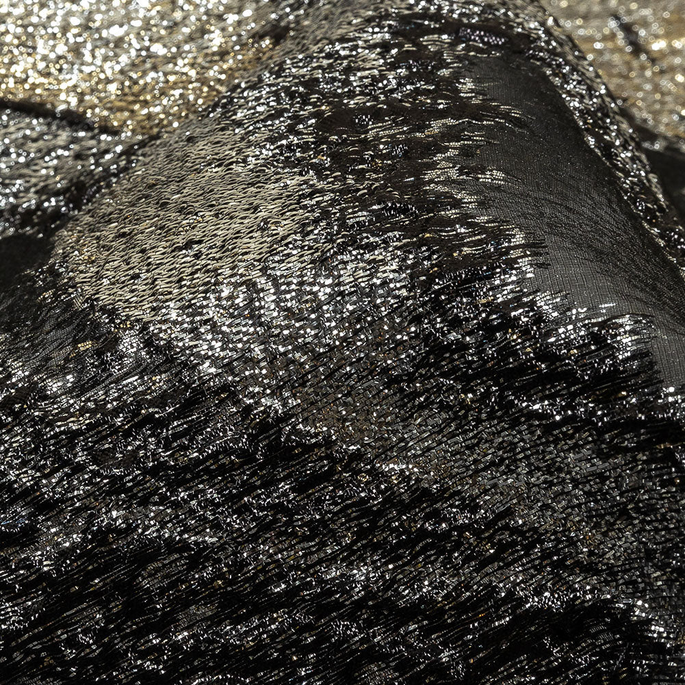 Metallic Silver, Gold and Black Oversized Flowers Luxury Burnout Brocade Detail