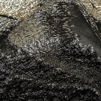 Metallic Silver, Gold and Black Oversized Flowers Luxury Burnout Brocade Detail