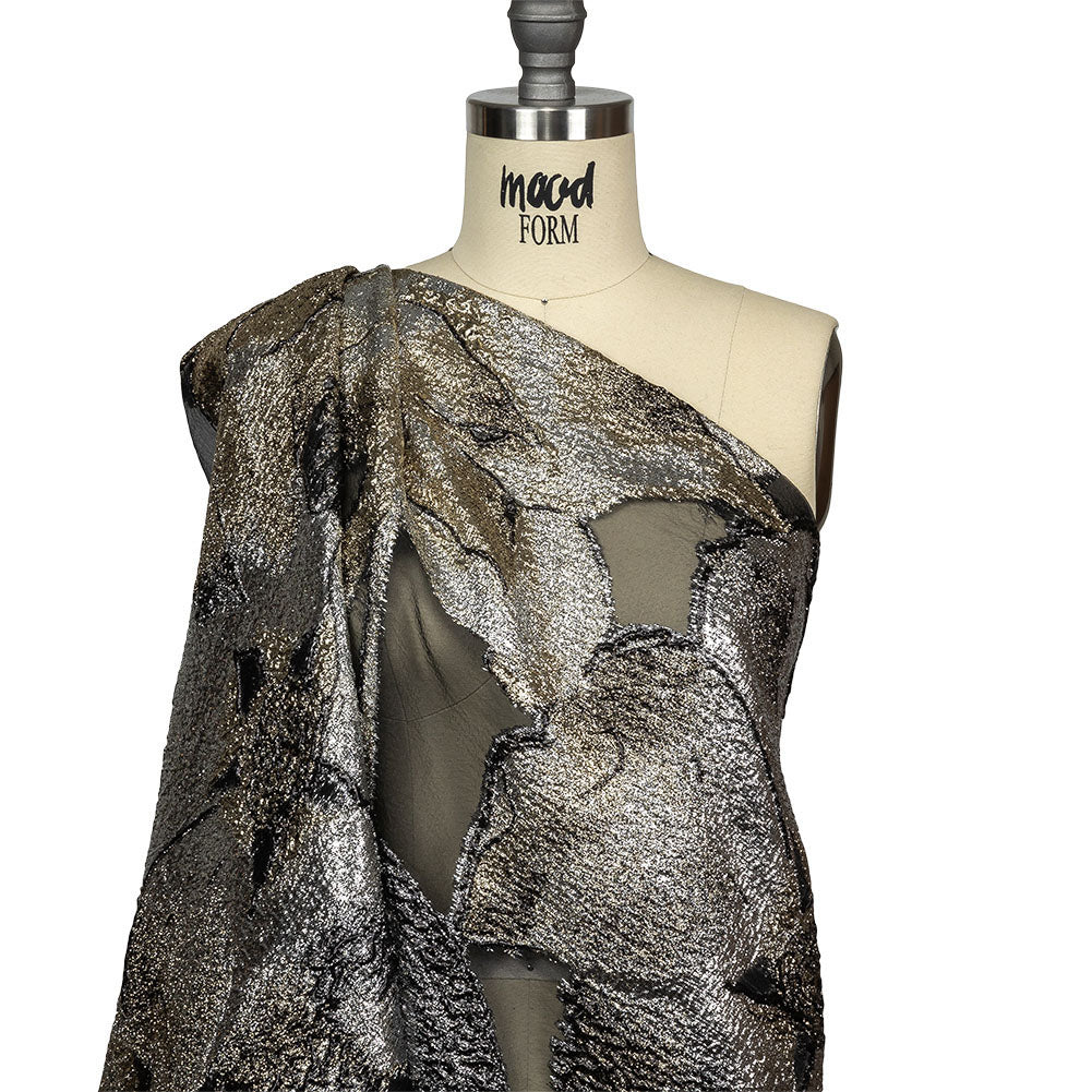 Metallic Silver, Gold and Black Oversized Flowers Luxury Burnout Brocade Drape