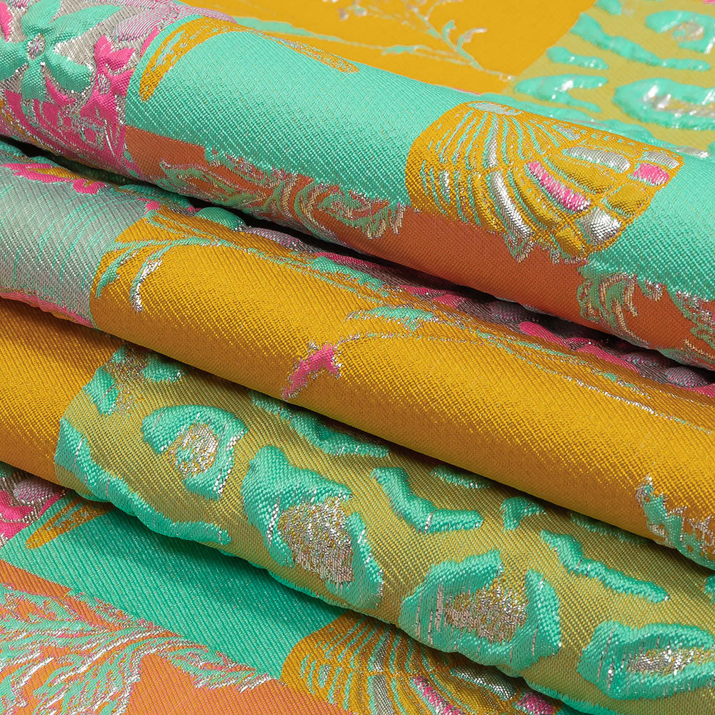 Aqua, Pink and Saffron Patchwork Metallic Luxury Brocade Folded