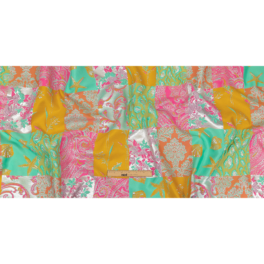 Aqua, Pink and Saffron Patchwork Metallic Luxury Brocade Full
