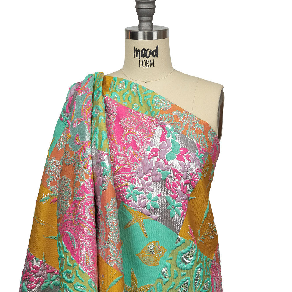Aqua, Pink and Saffron Patchwork Metallic Luxury Brocade Drape