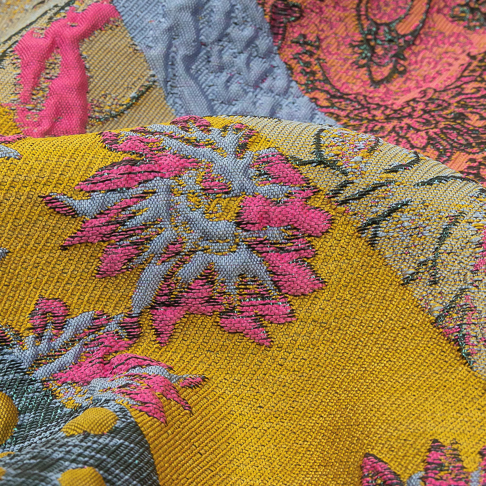 Metallic Pink, Yellow and Sky Patchwork Diagonal Stripes Luxury Brocade Detail