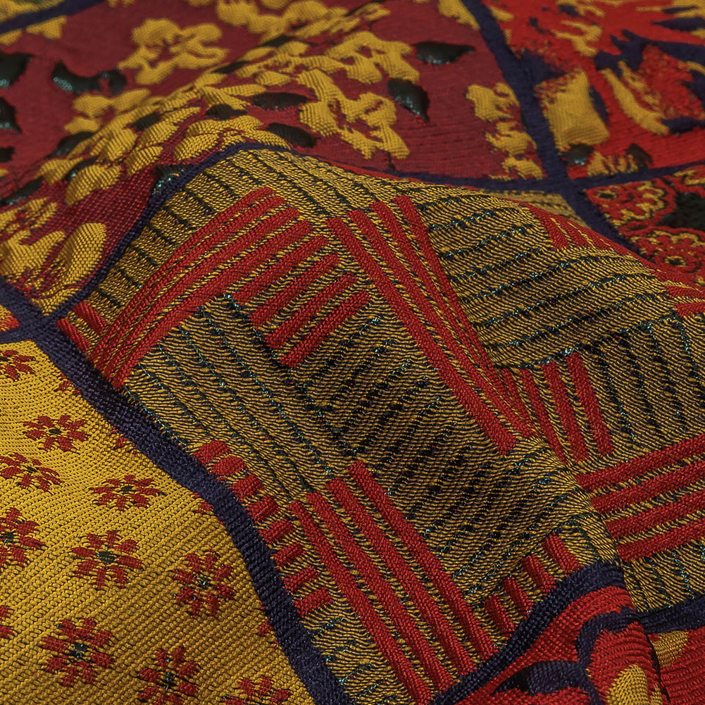 Red, Saffron and Metallic Navy Patchwork Squares Luxury Brocade Detail