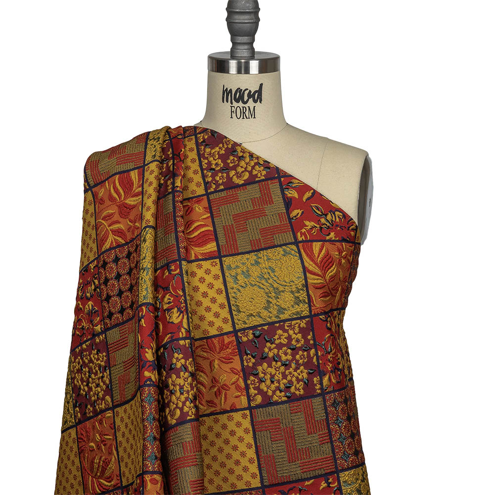 Red, Saffron and Metallic Navy Patchwork Squares Luxury Brocade Drape