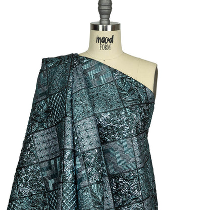 Metallic Turquoise, Powder Blue and Evergreen Patchwork Squares Luxury Brocade Drape