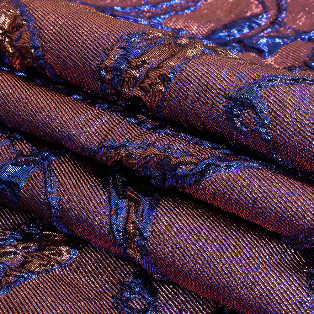 Metallic Iridescent Rose Gold and Bright Blue Floral Luxury Brocade Folded