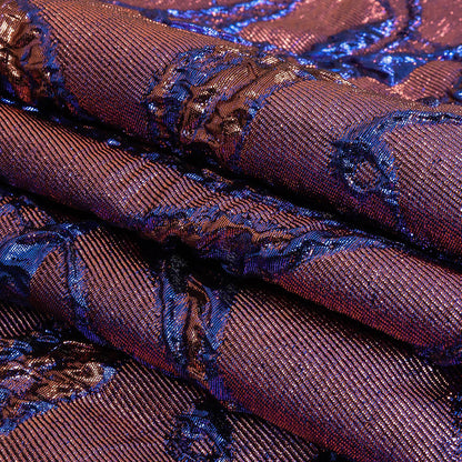 Metallic Iridescent Rose Gold and Bright Blue Floral Luxury Brocade Folded