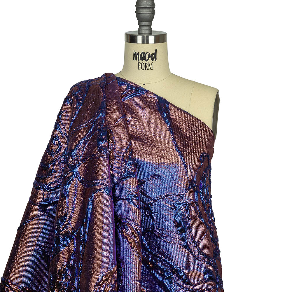 Metallic Iridescent Rose Gold and Bright Blue Floral Luxury Brocade Drape