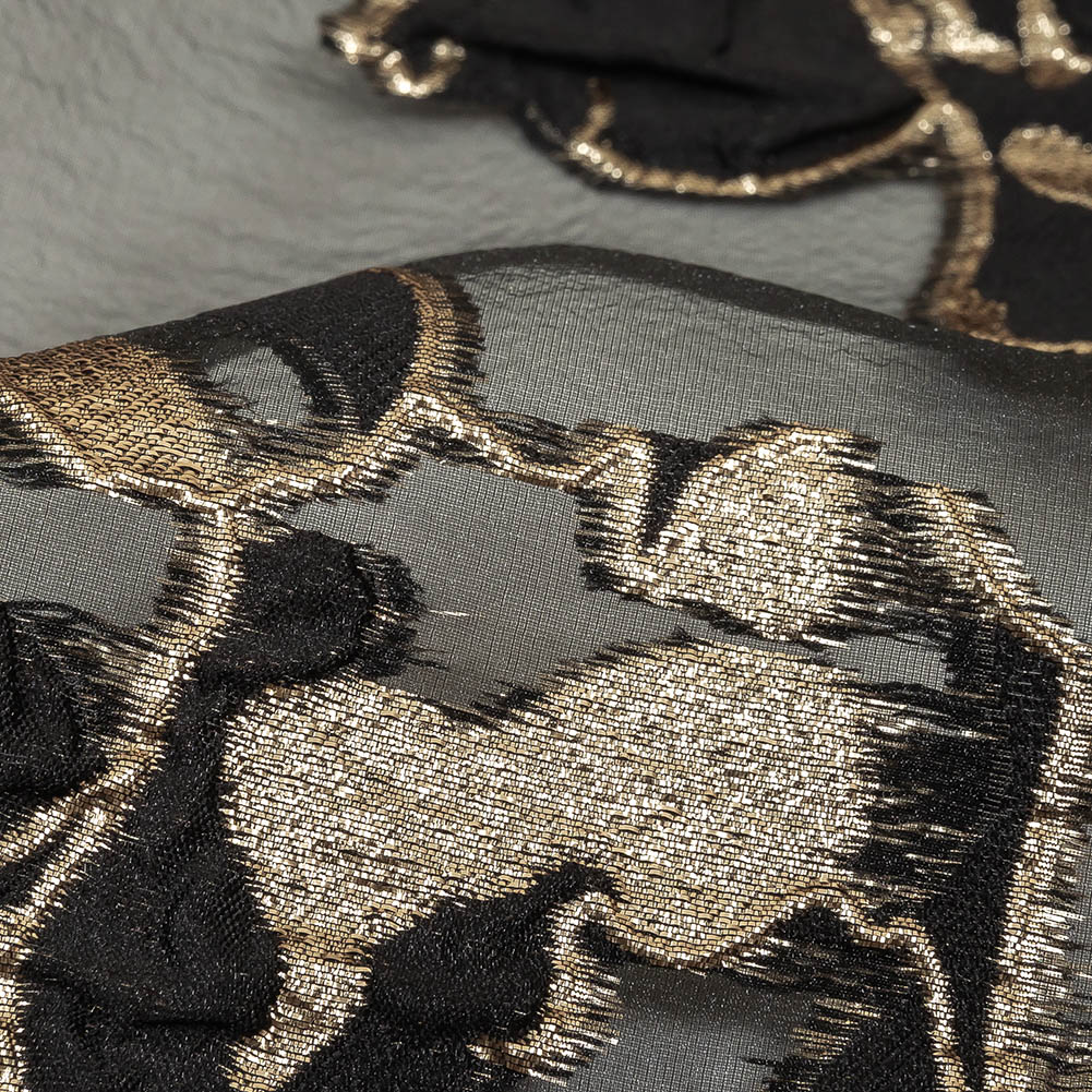 Metallic Gold and Black Roses Luxury Organza Burnout Brocade Detail