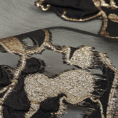 Metallic Gold and Black Roses Luxury Organza Burnout Brocade Detail