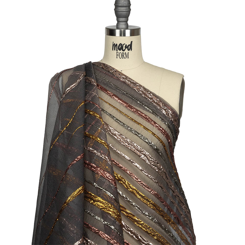 Metallic Rose, Silver and Gold Fading Lines Luxury Organza Brocade Drape