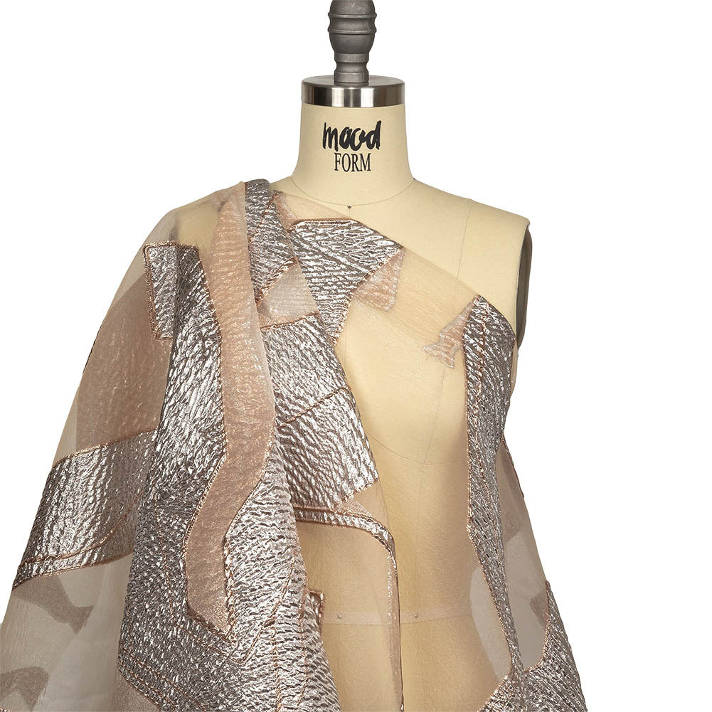 Metallic Silver and Rose Gold Abstract Luxury Burnout Brocade Drape