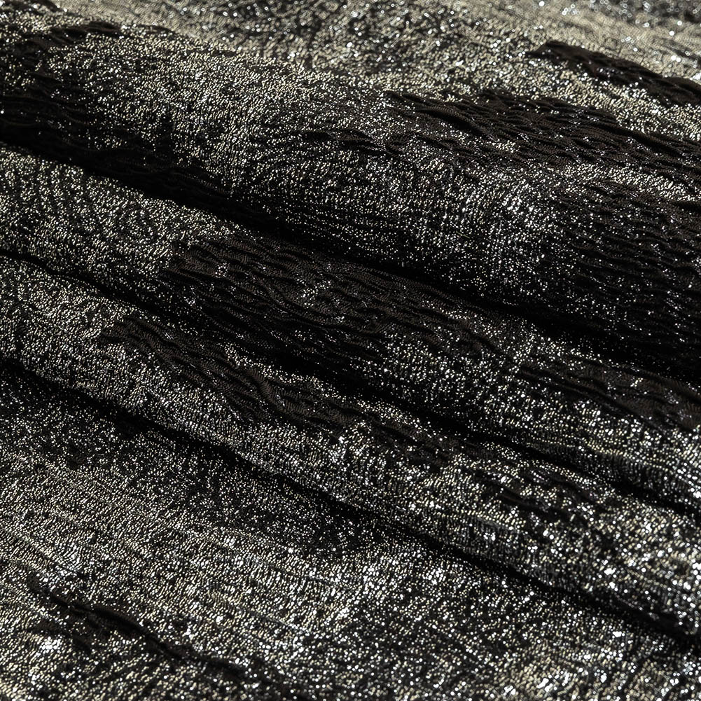 Metallic Silver and Black Abstract Luxury Plisse Brocade Folded