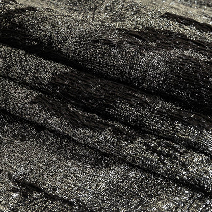 Metallic Silver and Black Abstract Luxury Plisse Brocade Folded